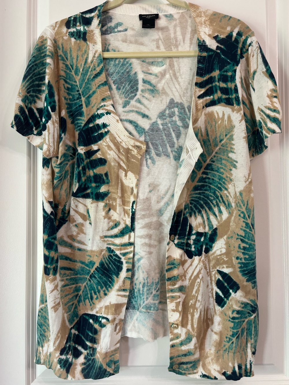 Ann Taylor Short Sleeve Open Front Cardigan Teal Green Leaf 100% Cotton Sz XL